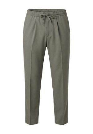 Pantaloni verde oliva a gamba stretta con vita elastica e coulisse, caratterizzati da una piega frontale e una vestibilità casual.