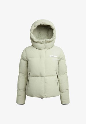 Dik lichtgroen jack met een grote capuchon, ritszakken en een geborduurd logo. Heeft een doorgestikt ontwerp en elastische manchetten.