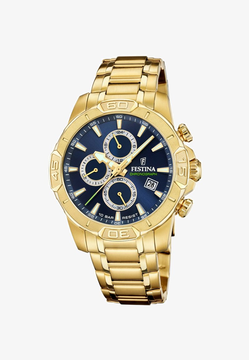 Orologio da polso cronografo Festina in metallo dorato con quadrante blu, tre quadranti secondari, finestra per la data alle 4 e lancette e indici luminescenti.