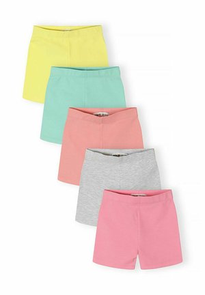 Pet parova običnih pamučnih šortseva u žutoj, mint zelenoj, koraljnoj, svijetlosivoj i ružičastoj boji, složenih jedno preko drugog na bijeloj pozadini.