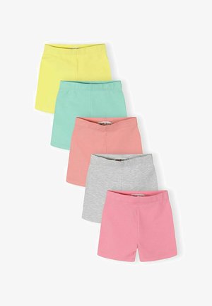 Cinq paires de shorts en coton uni de couleurs jaune, vert menthe, corail, gris clair et rose, disposées en chevauchement sur un fond blanc.