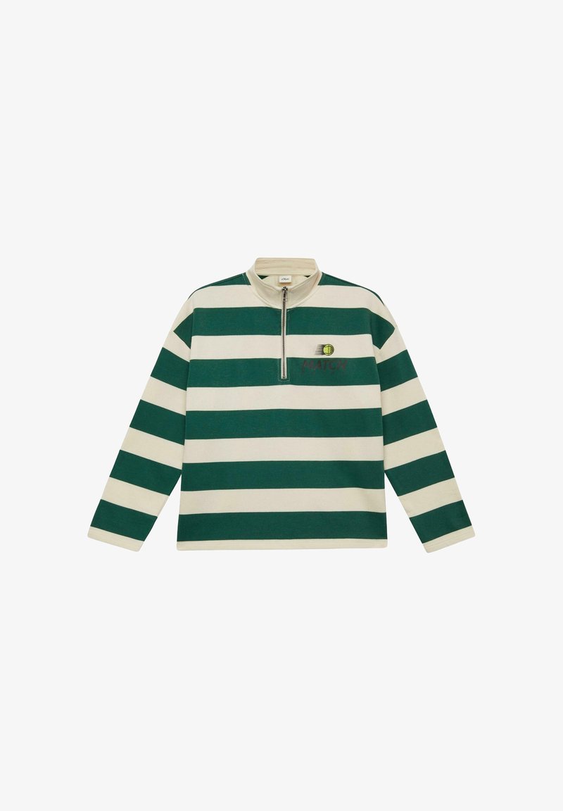 Pull-over à manches longues avec rayures horizontales vertes et blanches, col à demi-fermeture éclair, et petit motif de balle de tennis avec le texte "MATCH" sur la poitrine.