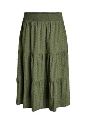 Olívovo zelená sukňa po kolená s elastickým pásom a jemným kvetinovým vzorom, s tromi nariasenými vrstvami pre vzdušný vzhľad.