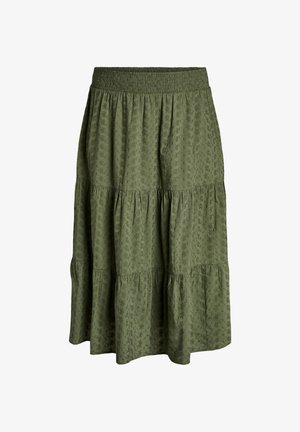Knielanger, olivgrüner Rock mit elastischem Taillenbund und dezentem Blumenmuster, der drei geraffte Stufen für eine fließende Silhouette aufweist.