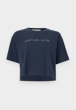 Granatowy krótki t-shirt wykonany z bawełny, z krótkimi rękawami i okrągłym dekoltem. W centrum znajduje się wytłaczane logo "MICHAEL KORS".