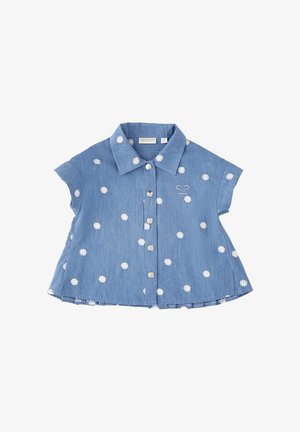 Camicia di denim blu a maniche corte con bottoni sul davanti, stampe di margherite bianche e colletto, progettata per bambini.