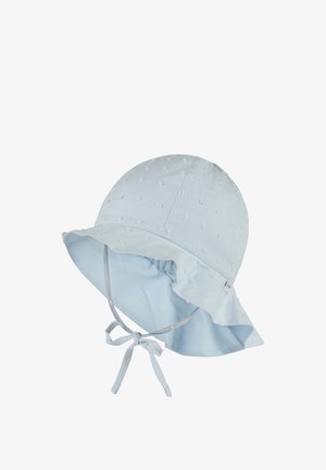 Light blue baby sun hat with textured dots, ruffled brim, and chin straps tied in a bow.