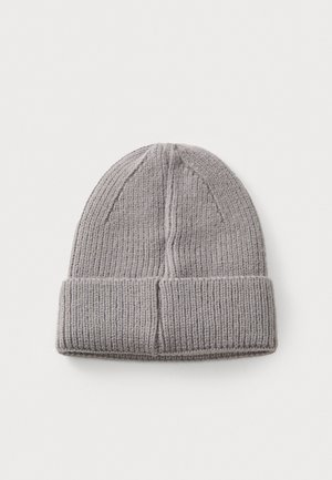 Gray knitted beanie hat with a folded cuff, featuring vertical ribbing and a soft texture. The design is simple and seamless.