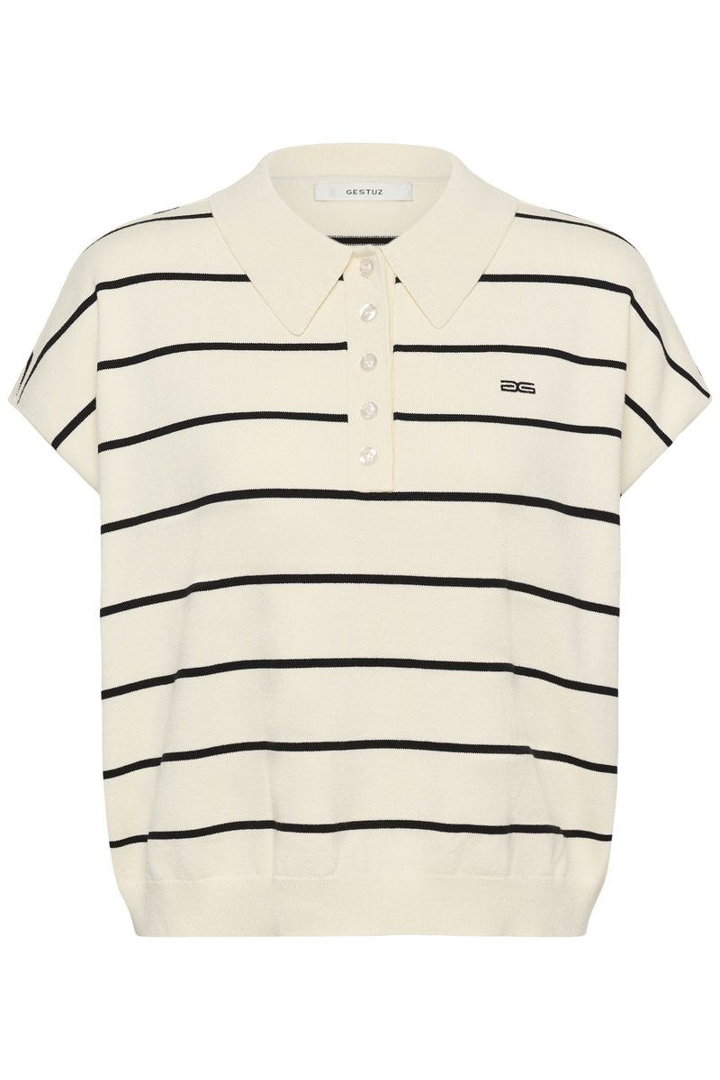 Cremefarvet polo t-shirt med korte ærmer med sorte vandrette striber, fire knapper, spidst krave og lille broderet "DG" logo på brystet.