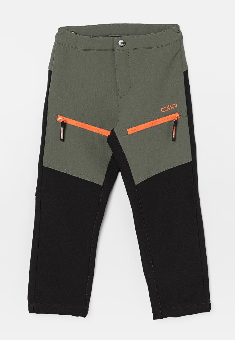 Pantalones exteriores en dos tonos, verde y negro, para niños, con bolsillos con cremallera naranja y logotipo de CMP en el muslo derecho.