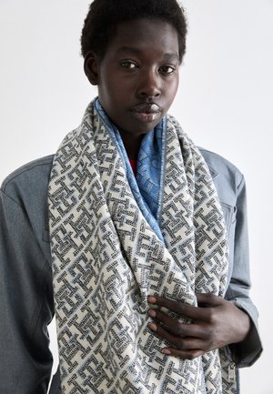 Mørkhudet person iført et mønstret blåt og hvidt tørklæde over en grå jakke, som holder tørklædet med den ene hånd mod en ensfarvet baggrund.