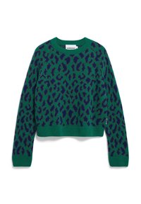 Groene pullover trui met een donkerblauwe luipaardprint, geribbelde halslijn en zoom, cropped ontwerp en zachte textuur.