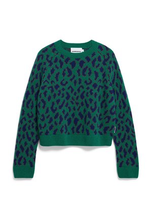Grüner Pullover mit Leopardenmuster in Dunkelblau, geripptem Kragen und Saum, verkürztem Design und weicher Textur.
