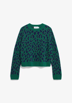 Groene pullover trui met een donkerblauwe luipaardprint, geribbelde halslijn en zoom, cropped ontwerp en zachte textuur.