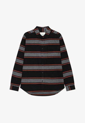 Czarna koszula na guziki z szarymi i rdzawe poziomymi paskami, długimi rękawami, kołnierzykiem i kieszenią na piersi po lewej stronie.