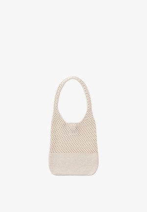 Borsa a tracolla beige lavorata all'uncinetto con design superiore a rete aperta e sezione inferiore solida, dotata di un unico manico largo ad anello.