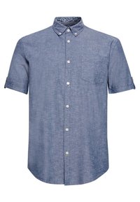 Korte mouwen overhemd met knopen in lichtblauwe stof, met een borstzak, kraag en een patroon aan de binnenkant van de hals. Soepele textuur, casual ontwerp.