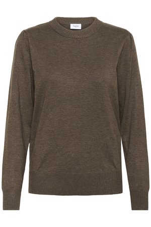 Pull en maille marron à manches longues avec un col rond côtelé, des poignets et un ourlet, présentant une petite étiquette blanche à l'intérieur du col.
