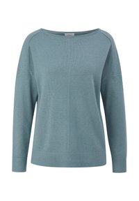 Pull bleu clair à manches longues avec encolure bateau, couture centrale sur le devant et poignets et ourlet côtelés.