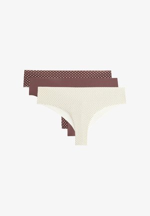 Trei chiloți hipster pentru femei, maro și crem, cu buline mici, aranjați stratificat pe un fundal alb.