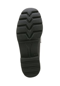 Suola di scarpa in gomma nera con un motivo testurizzato a zig-zag e un logo a forma di V in rilievo. Progettata per la presa con scanalature profonde per la trazione.