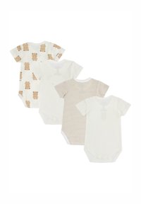 Sada čtyř dětských body v měkké bavlně: jedno má potisk medvěda, ostatní jsou jednobarevné bílé a pruhované, všechny mají krátké rukávy a zavírání na patentky.