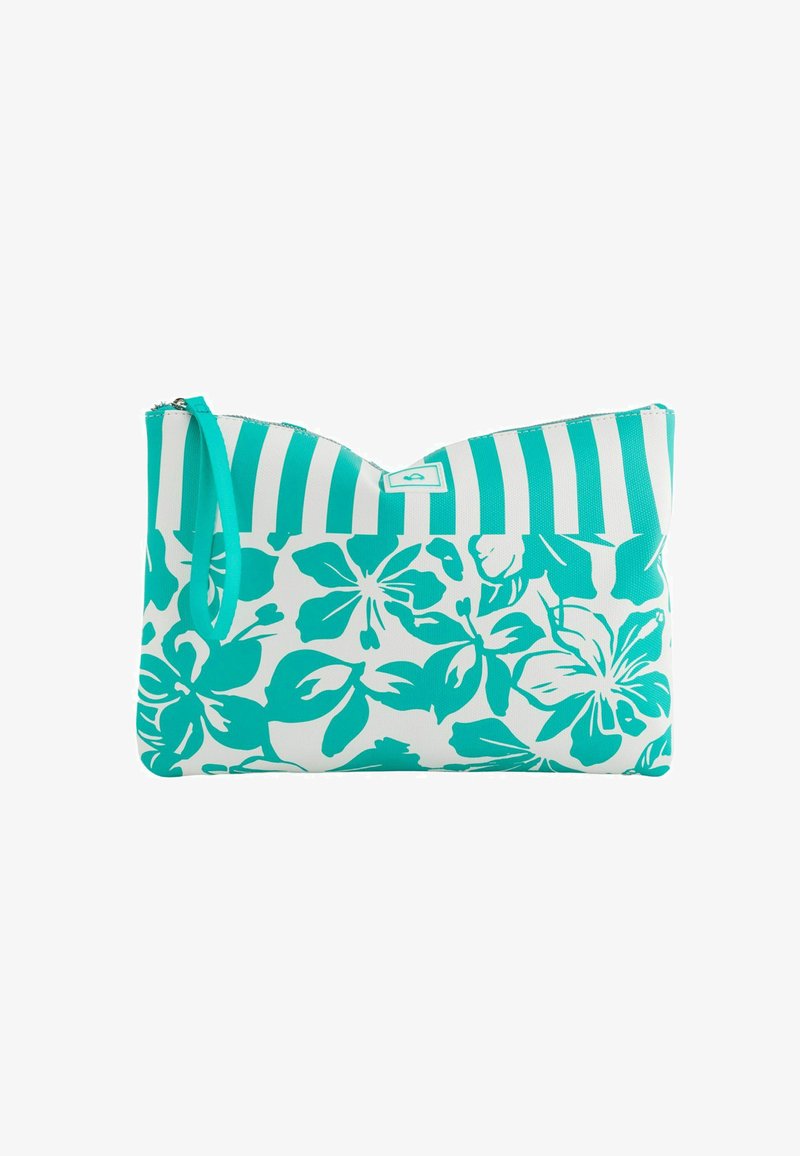 Tote-Bag mit einem türkisfarbenen floralem Muster auf weißem Hintergrund, mit türkisfarbenen Streifen, einem Reißverschluss und einer Schlaufe für das Handgelenk.