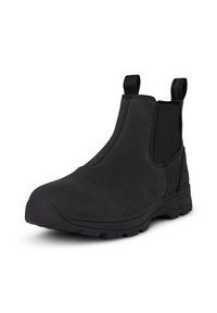 Botas Chelsea negras hechas de ante y goma, con paneles laterales elásticos y tiradores para facilitar el calzado, y un diseño de suela robusta.