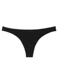 Schwarze Tanga-Unterwäsche aus weichem Stoff, mit einem dünnen Bund und einem dekorativen Schleifendetail vorne, mit gewellten Kanten.