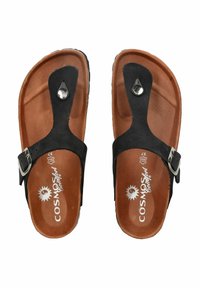 Black thong sandals with a brown cushioned footbed and a silver buckle detail on the strap. Features a textured rubber sole for grip.