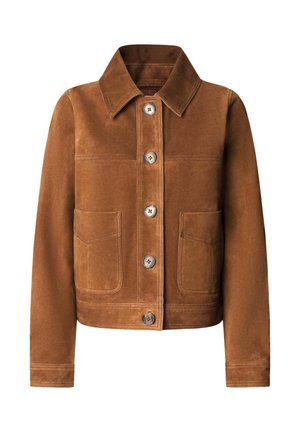 Bruine corduroy jas met een kraag, sluiting met knopen aan de voorkant en twee grote opgestikte zakken aan de voorkant. Zachte textuur, op maat gemaakte pasvorm.