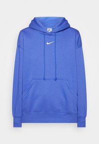 Blå bomullshoodie med en framkanguruficka, vit Nike-logga på bröstet, justerbara dragsnören samt ribbade muddar och fåll.