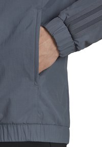 Grau leichter Jacke mit elastischen Bündchen und einer Seitentasche. Sie hat eine glatte Textur und kontrastierende Streifen auf dem Ärmel.