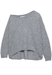 Maglione grigio a maglia con vestibilità rilassata, scollo ampio e orlo asimmetrico. Tessuto morbido con maniche lunghe e polsini a coste.