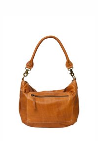 Borsa a tracolla in pelle marrone con manico curvo, tasca frontale con zip e cuciture a contrasto. Texture liscia con una forma rilassata.