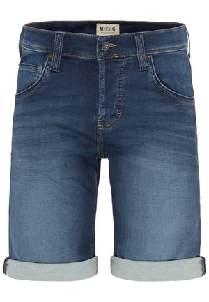 Shorts en denim bleu foncé au design classique, avec des revers, une coupe à cinq poches et des coutures jaunes contrastantes.