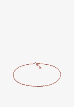 Rózsaarany fém karkötő csavart mintával. Biztonságos zárja és állítható lánca van a méretváltoztatáshoz. Sima felület.