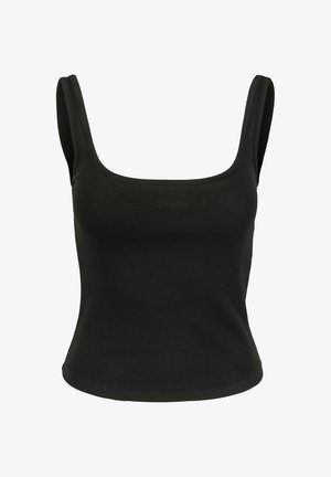 Zwarte mouwloze top met een vierkante halslijn. Gemaakt van gladde, rekbare stof. Strak ontwerp zonder zichtbare patronen of accenten.