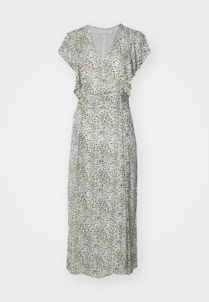 Maxi dress, V-neck, flutter sleeves, green and beige abstract pattern, fitted waist, flowing fabric, mid-calf length.