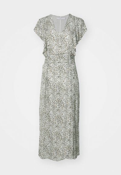 Robe maxi, décolleté en V, manches flottantes, motif abstrait vert et beige, taille cintrée, tissu fluide, longueur mi-mollet.