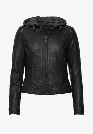 Zwarte leren jas met een grijze capuchon, ritssluiting, zijzakken en gestikte details aan de zijkanten. Glad oppervlak overal.