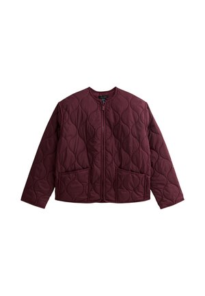 Veste matelassée de couleur bordeaux foncé avec un col rond, une fermeture éclair à l'avant et deux poches avant. Présente un motif de couture circulaire.