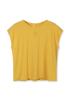 Yellow short-sleeve relaxed-fit T-shirt with a round neckline and subtle embroidered logo centered below the collar.