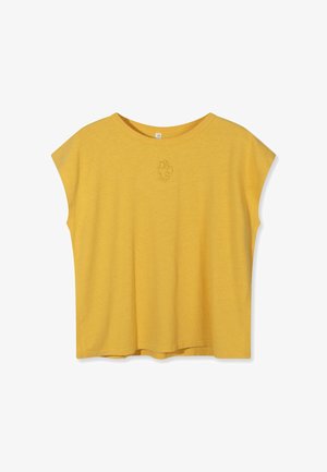 Yellow short-sleeve relaxed-fit T-shirt with a round neckline and subtle embroidered logo centered below the collar.