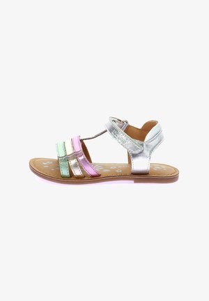 Metalliske sandaler med pink, grønne og sølvfarvede stropper. Flad sål med blomstermønster på den brune fodseng og justerbar strop bagpå.