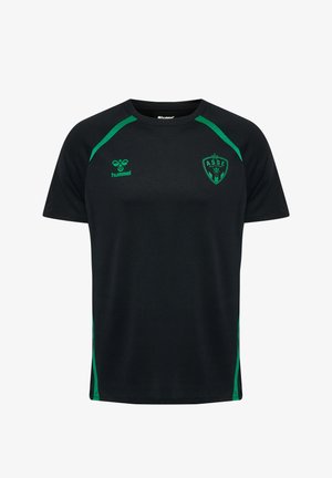 Maglia sportiva nera con accenti verdi, realizzata in tessuto leggero, con scollo rotondo e logo sul petto. Design atletico classico.