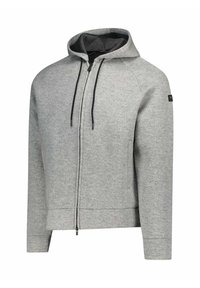 Felpa grigia con zip realizzata in tessuto morbido, dotata di cappuccio, maniche lunghe e coulisse nere. Design semplice senza motivi aggiuntivi.