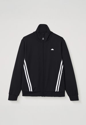 Čierna bunda na zips s dvoma bielymi pruhmi po bokoch, vysokým golierom a malým bielym logom na ľavej strane hrudníka.