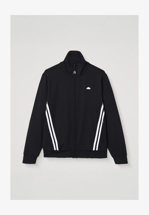 Fekete, teljes cipzáras dzseki fehér dupla csíkozással az oldalán, magas gallérral és kis fehér logóval a bal mellrészen.