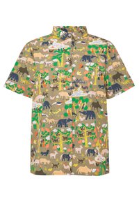 Košile s krátkým rukávem s barevným potiskem zvířat a přírody na béžovém pozadí, s klasickým límečkem a knoflíkovým zapínáním.